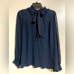 New Zara Sheer Blouse with tie in navy blue size S